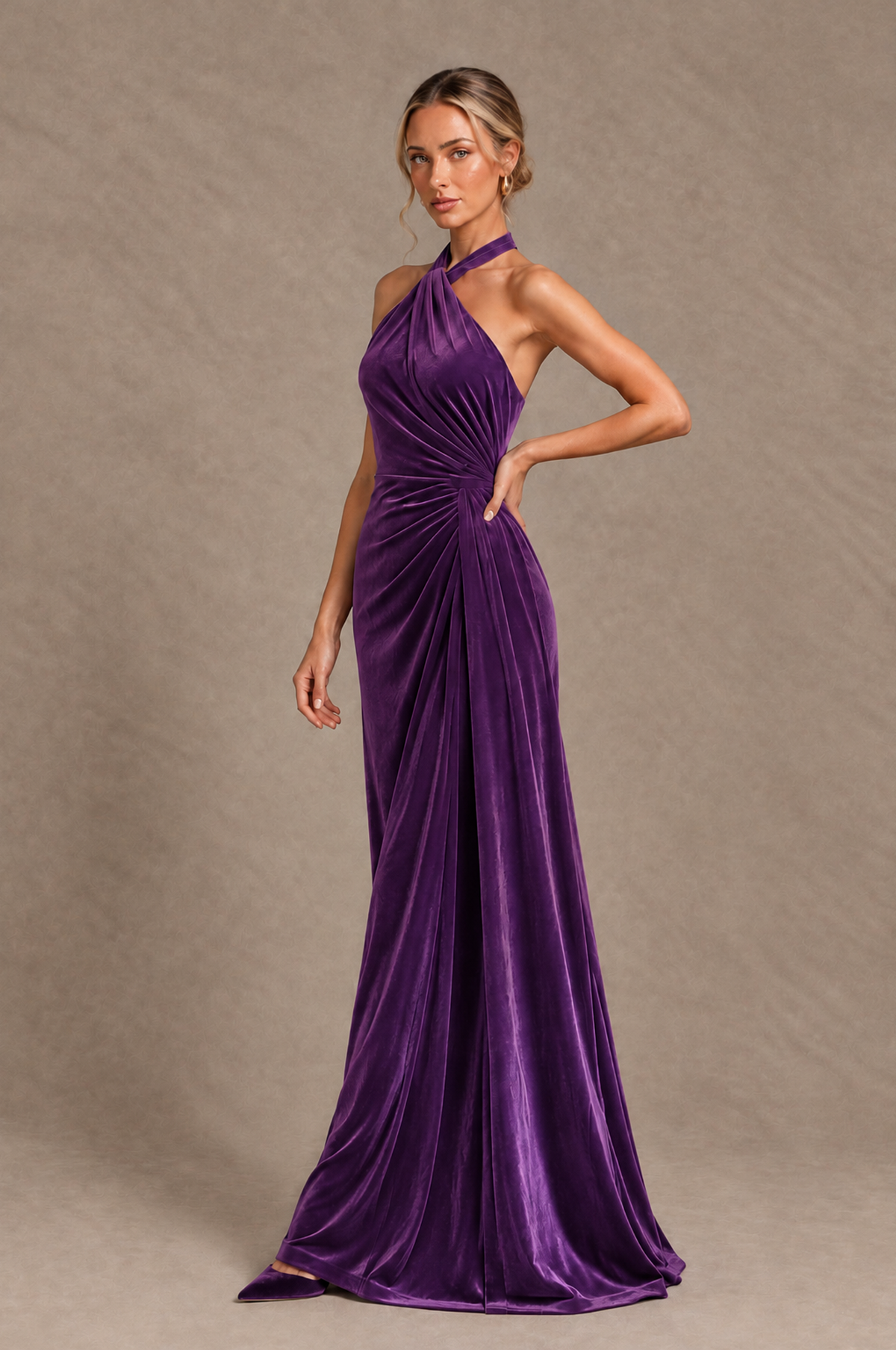 BOLODOO Purple Velvet Halter Open-Back Ruched Evening Dress - Purple - Purple_3
