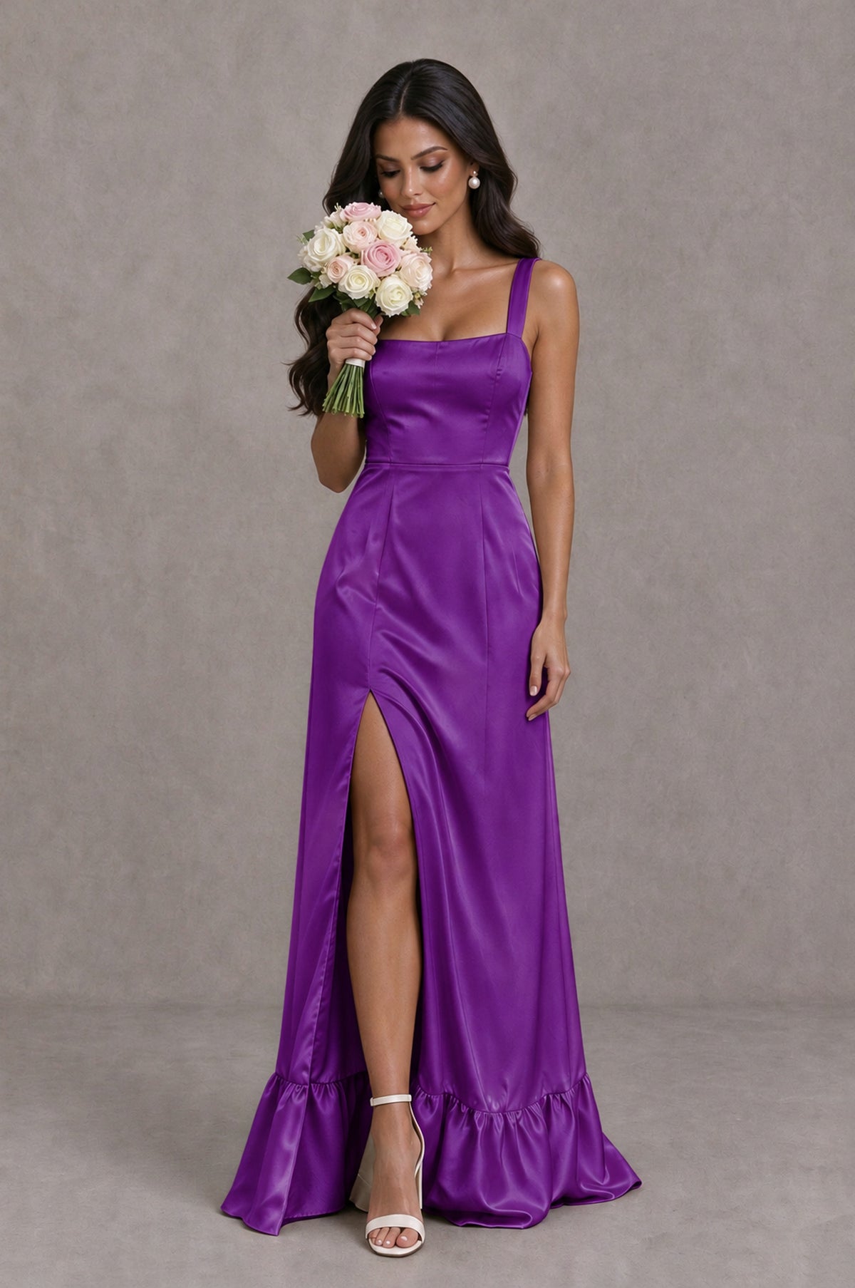 BOLODOO Purple Square Neck Satin Evening Dress with Lace-Up Back and High Slit - Purple - Purple_3