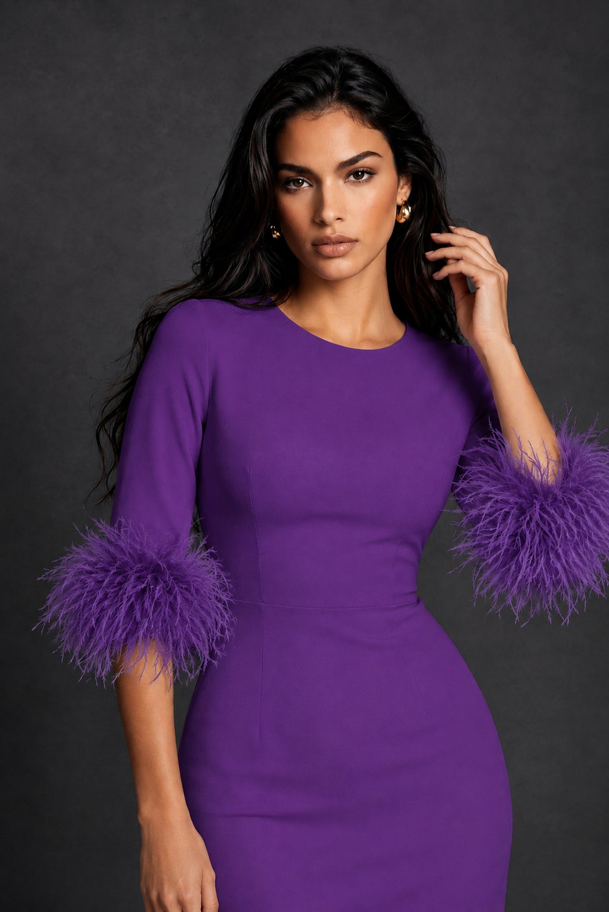 BOLODOO Purple Ostrich Feather Cuff 3/4 Sleeve Round Neck Bodycon Midi Dress with Back Slit - Purple