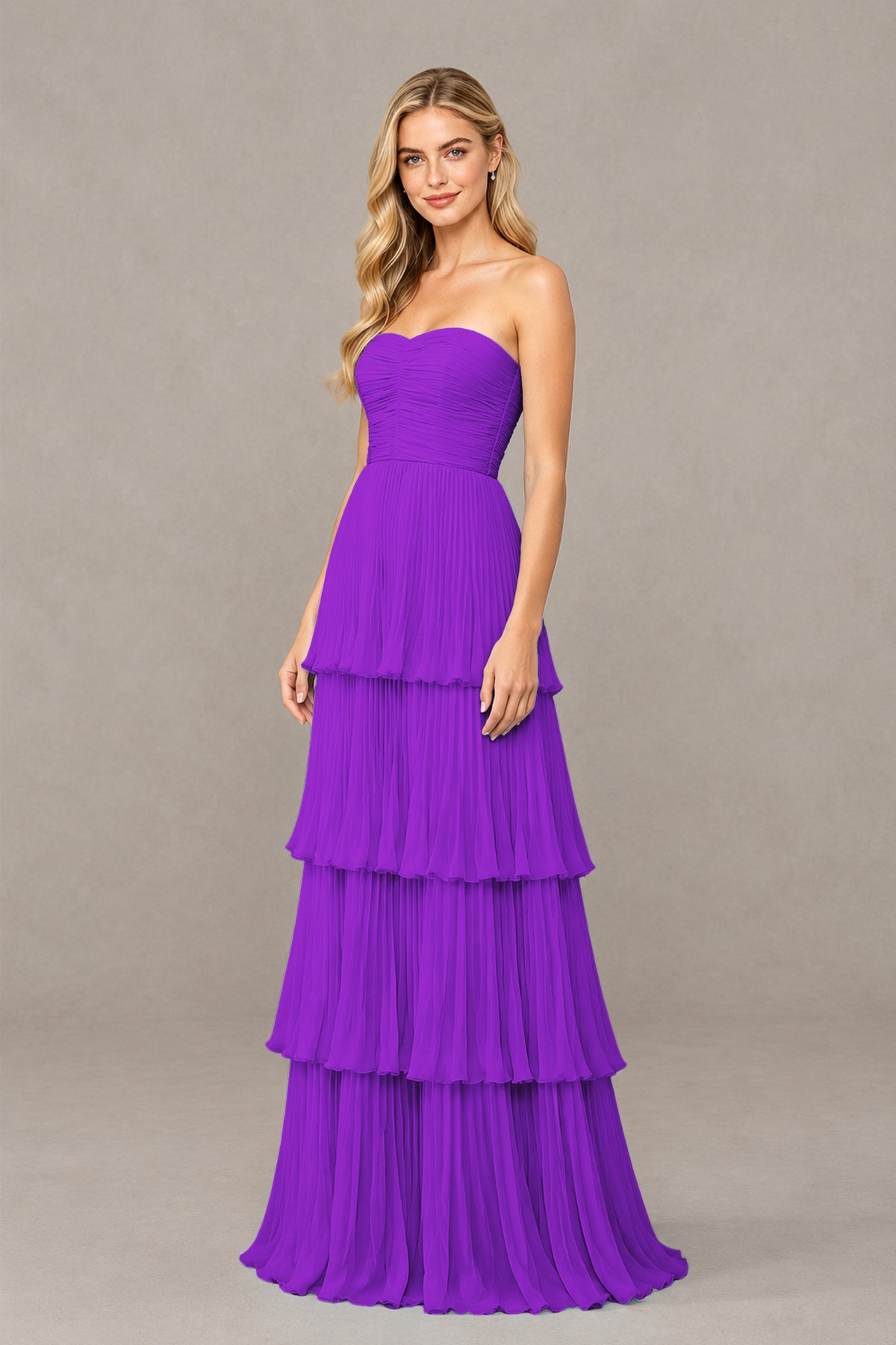 BOLODOO Purple Strapless Tiered Chiffon Maxi Dress - Purple