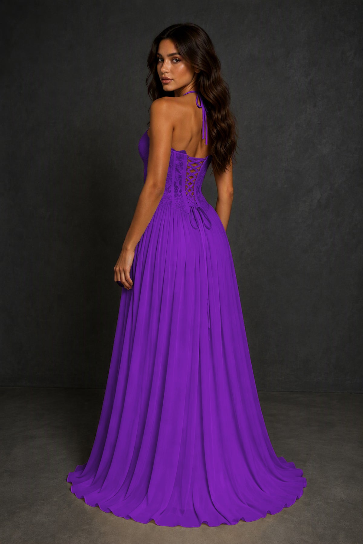 BOLODOO Purple Lace Corset Halter Maxi Gown – Backless A-Line Formal Dress - Purple