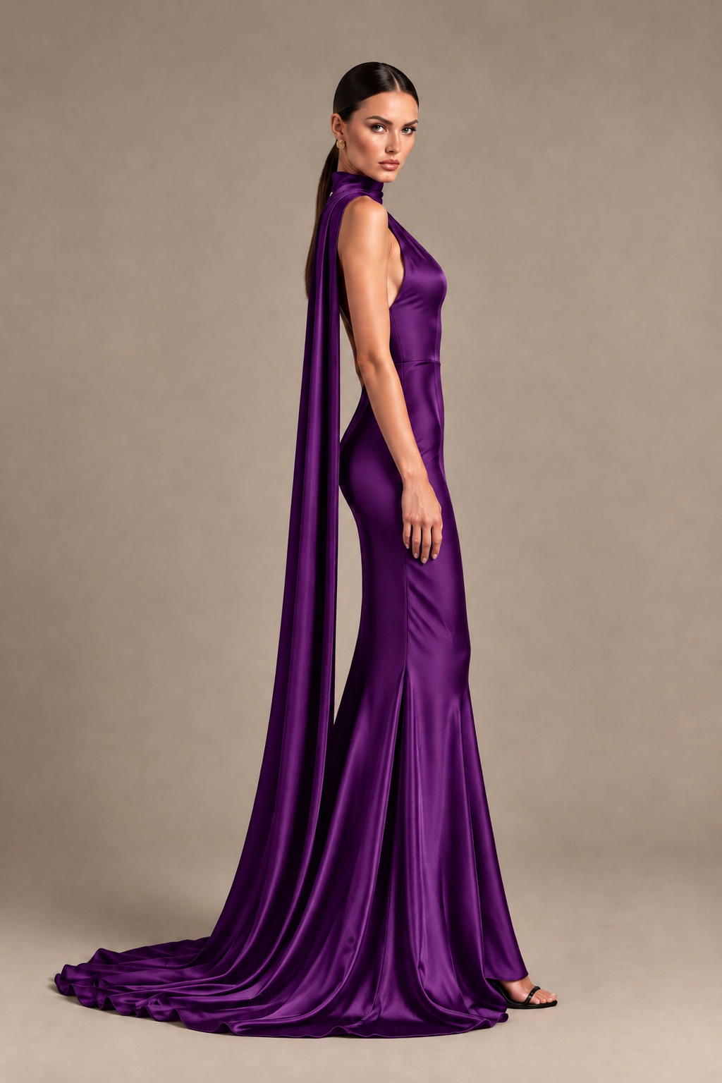 BOLODOO Purple One-Shoulder Satin Mermaid Evening Dress with Scarf - Purple - Purple_3