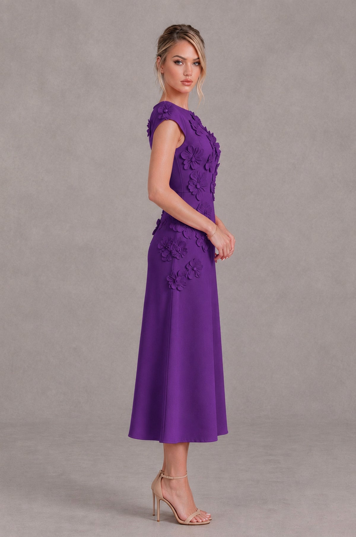 BOLODOO Purple 3D Floral Cap Sleeve Midi Cocktail Dress - Purple - Purple_3