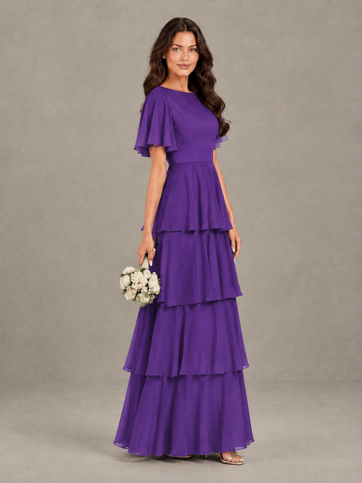 BOLODOO Purple Tiered Flutter Sleeve Bridesmaid Dress - Purple - Purple_3