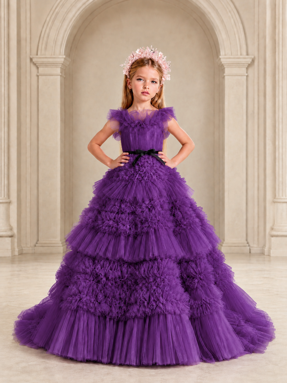 BOLODOO Purple Tiered Tulle Flower Girl Dress with Floral Appliques - Purple - Purple_3