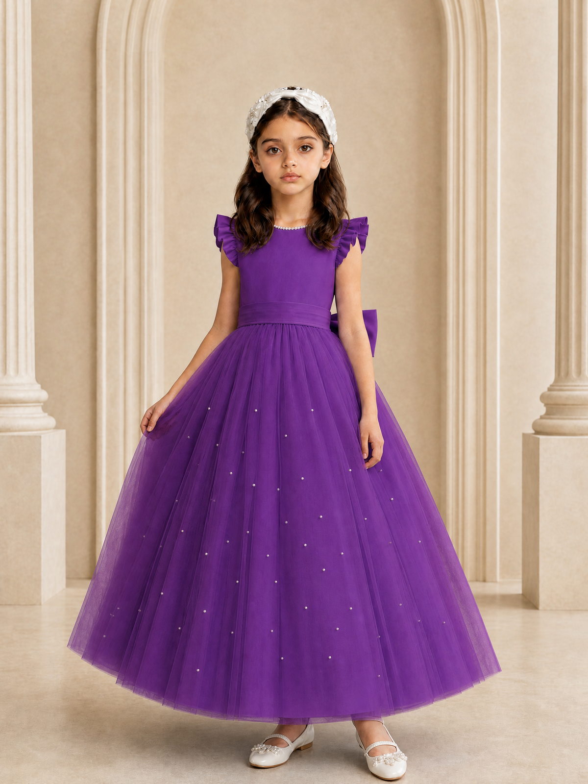 BOLODOO Purple Tulle Flower Girl Dress with Ruffle Sleeves & Bow Back - Purple - Purple_3