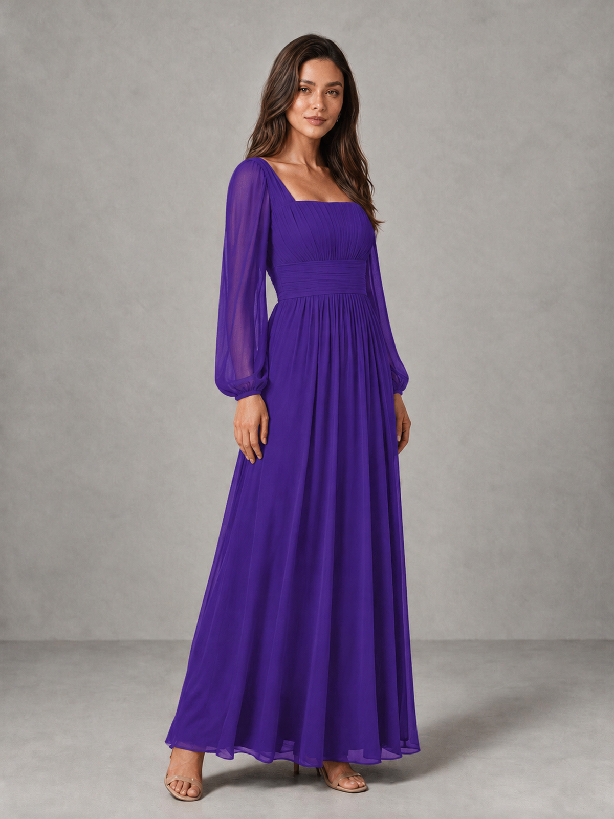 BOLODOO Purple Square Neck Long Sleeve Chiffon Bridesmaid Dress - Purple - Purple_3