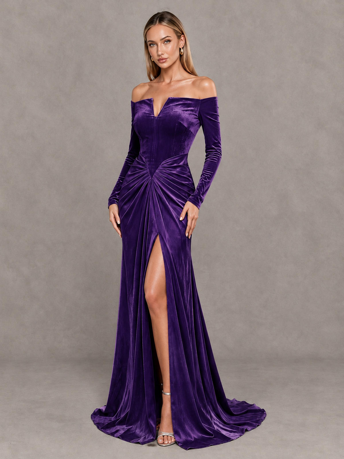 BOLODOO Purple Off-Shoulder Velvet Evening Gown with High Slit - Purple - Purple_3