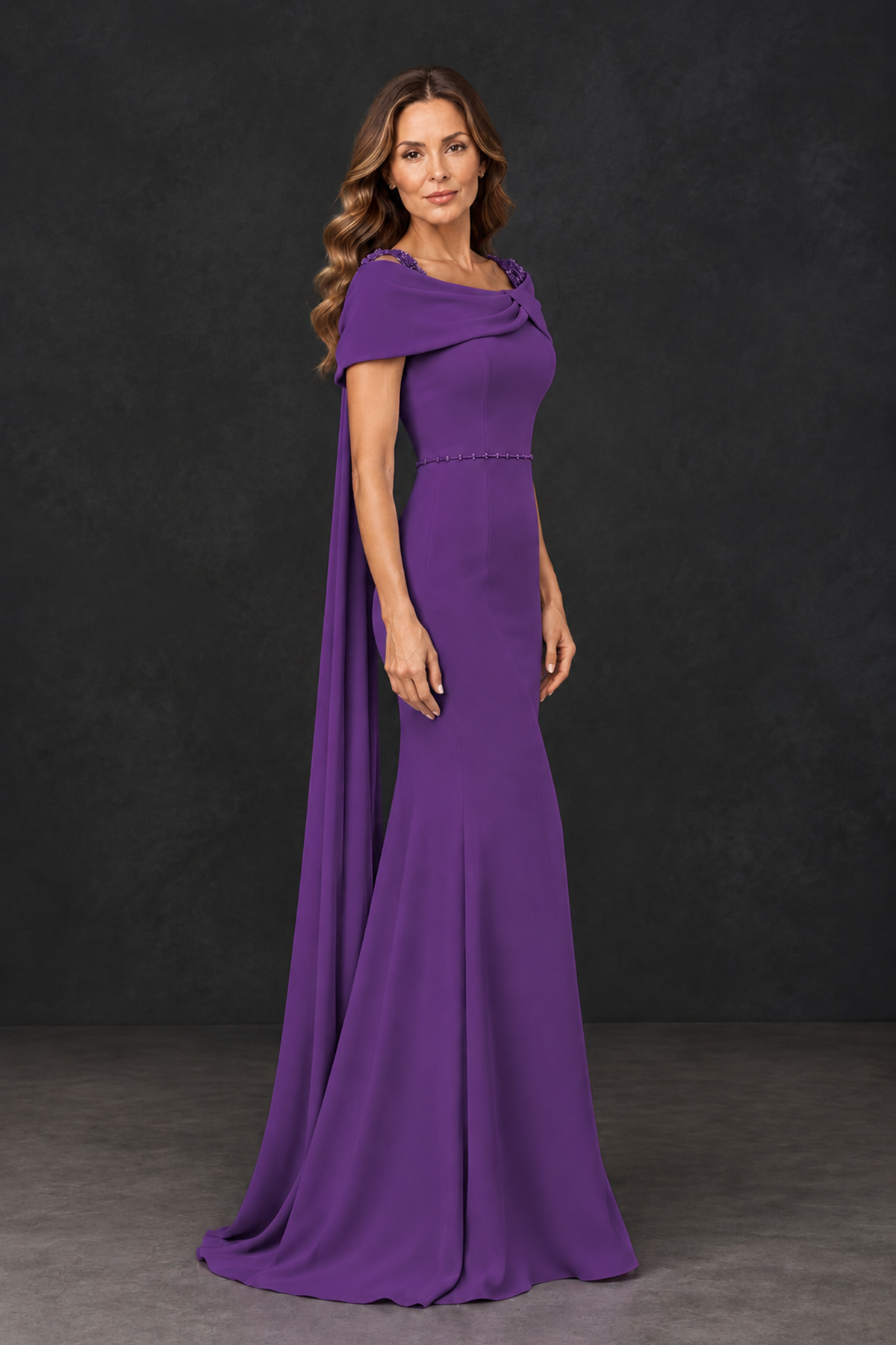 BOLODOO Purple Mother of the Bride Dress with Draped Cape Detail - Purple - Purple_3