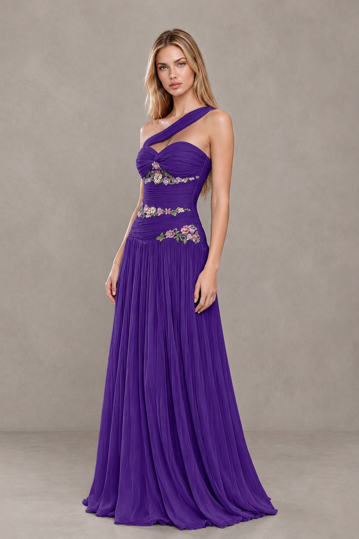 BOLODOO Purple One-Shoulder Floral Applique A-Line Evening Dress - Purple - Purple_3