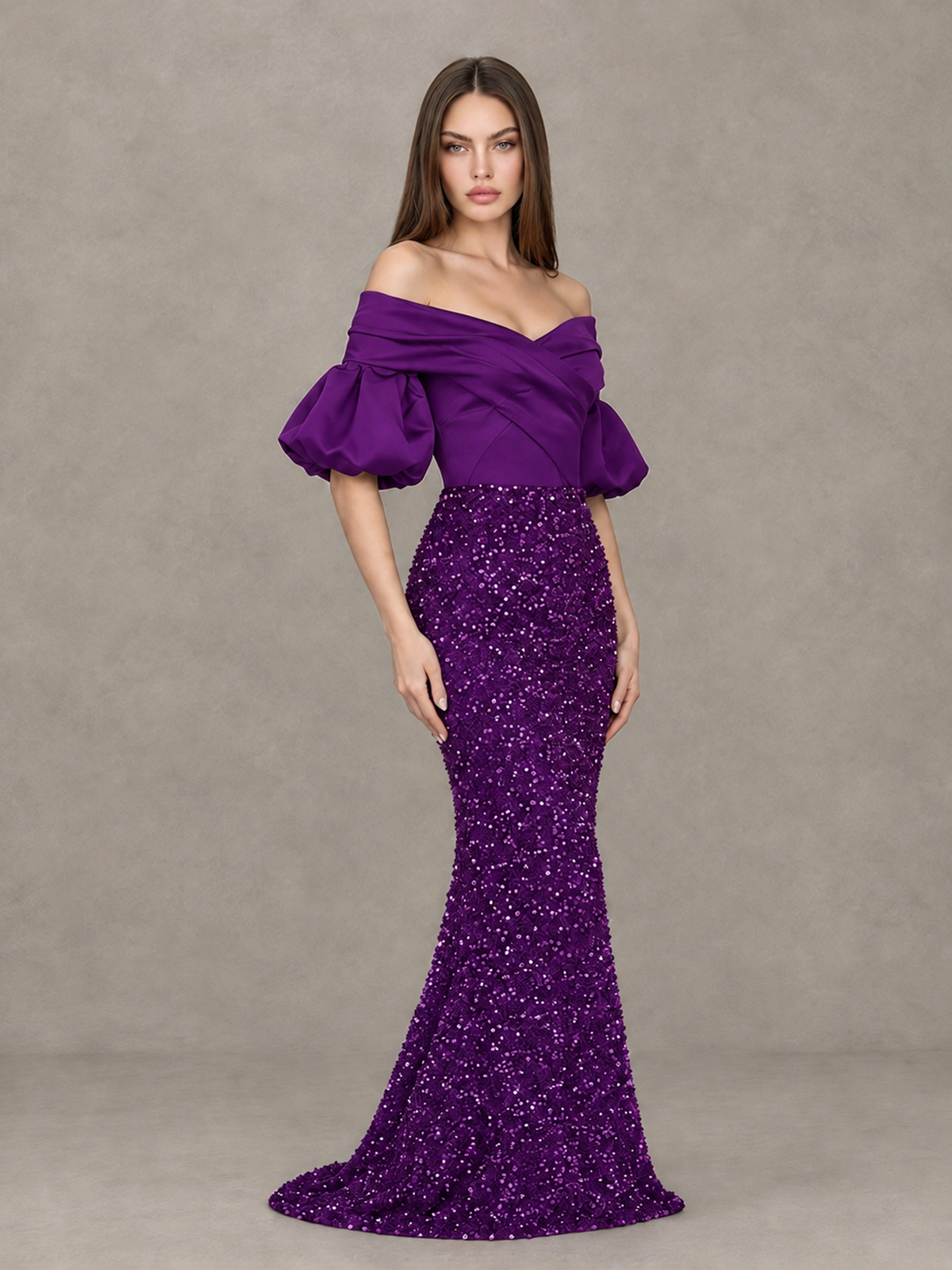 BOLODOO Purple Off-Shoulder Puff Sleeve Sequin Mermaid Evening Dress - Purple - Purple_3