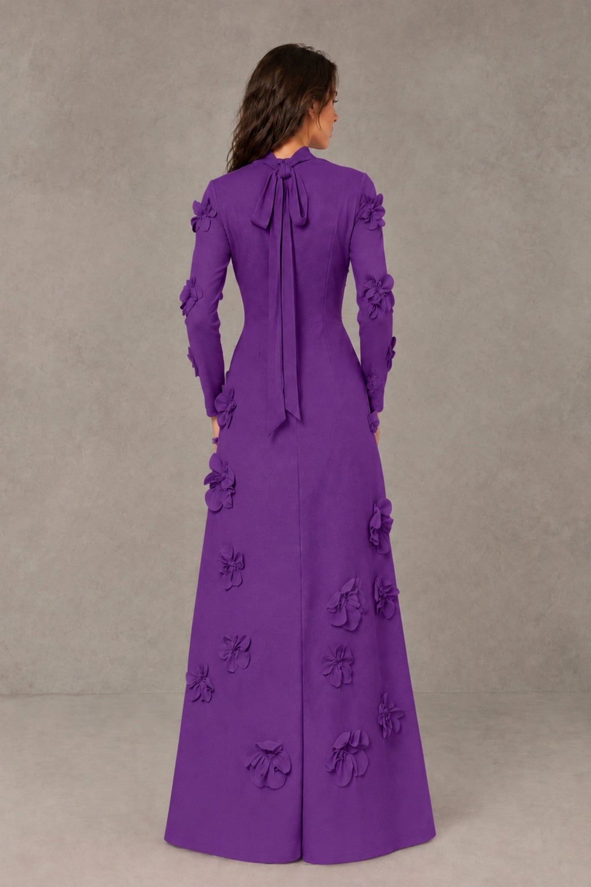 BOLODOO Purple High Neck Long Sleeve 3D Floral Evening Gown - Purple