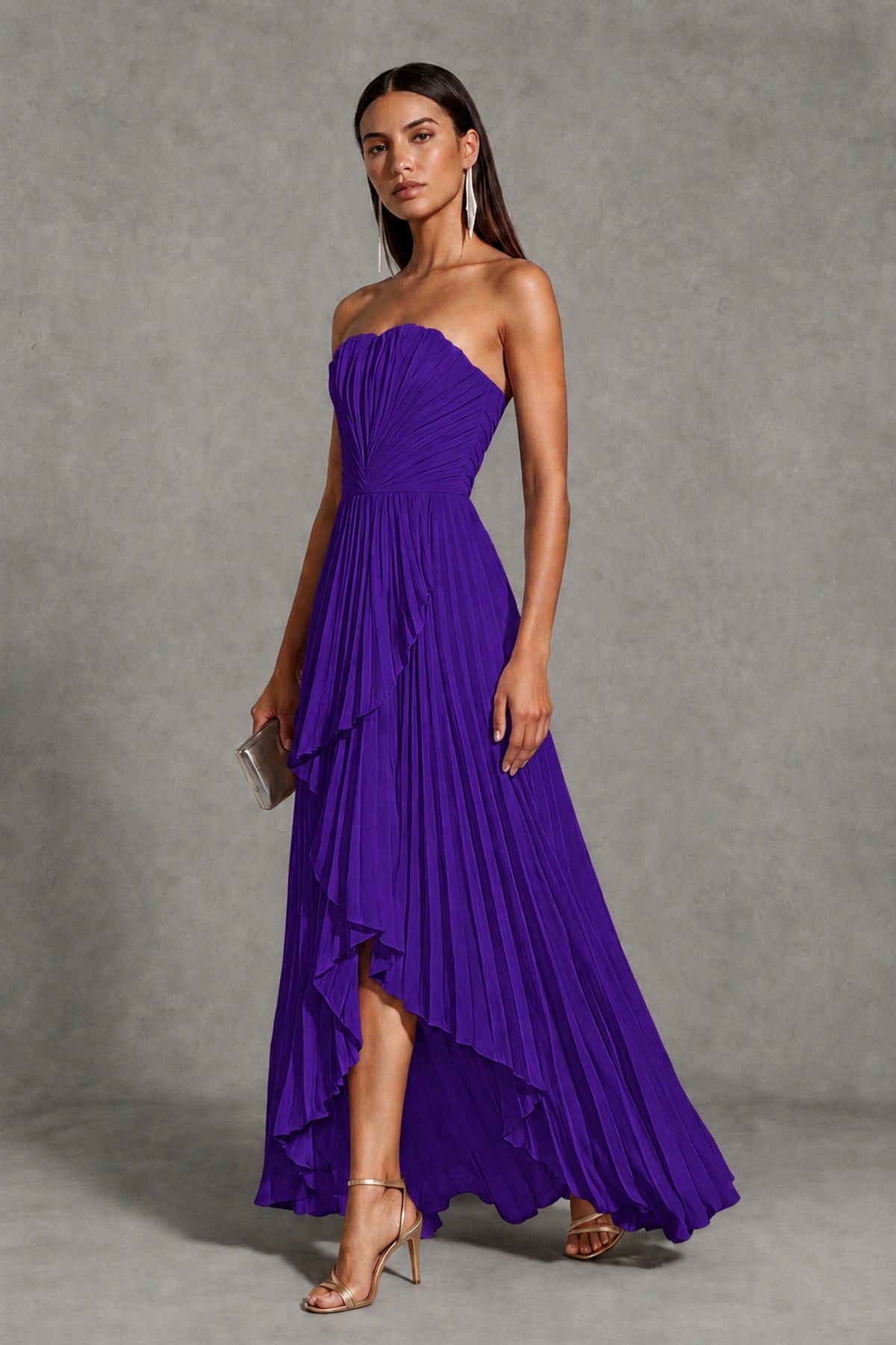 Purple Strapless Pleated High-Low Evening Gown with Ruffle Hem - Purple - Purple_3