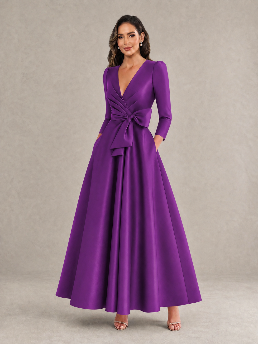 BOLODOO Purple Satin Deep V-Neck Wrap 3/4 Puff Sleeve A-Line Ball Gown Maxi Dress with Oversized Bow Belt - Purple