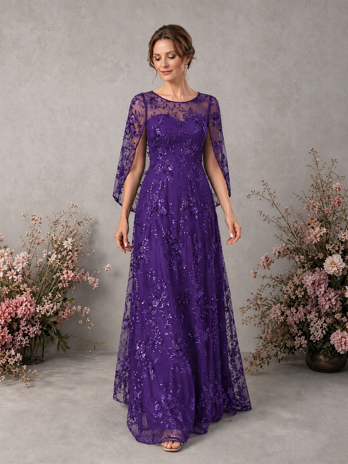 BOLODOO Purple Sequin Lace Cape Sleeve Formal Evening Gown - Purple - Purple_3