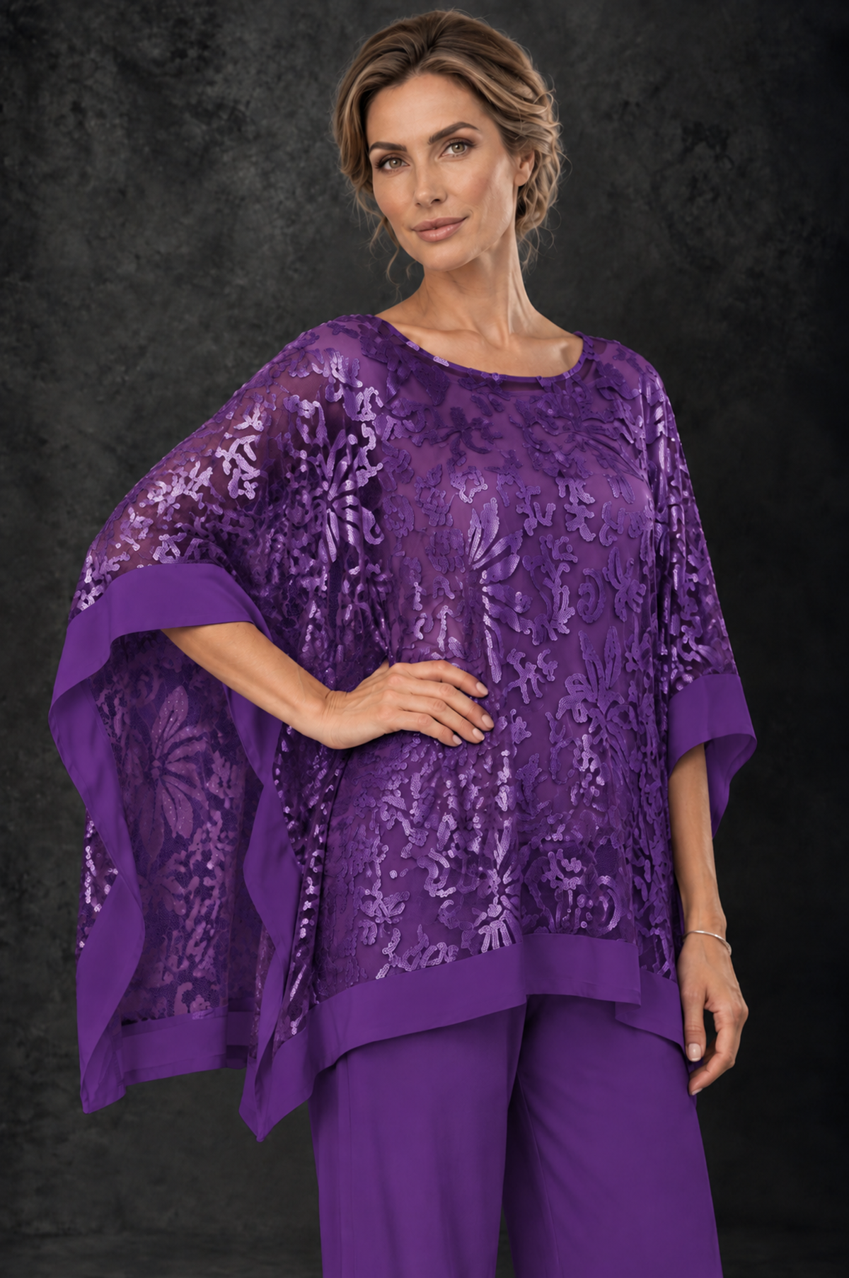 BOLODOO Purple Floral Cape Mother of the Bride Pant Suit - Purple - Purple_3