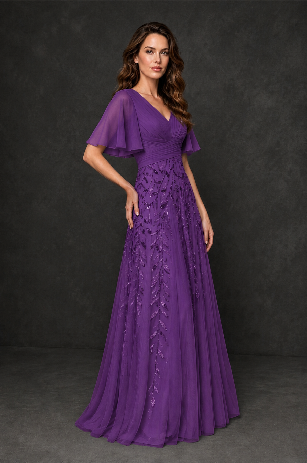 BOLODOO Purple V-Neck Flutter Sleeve Beaded Botanical Tulle A-Line Gown | Mother of the Bride Evening Dress - Purple - Purple_3