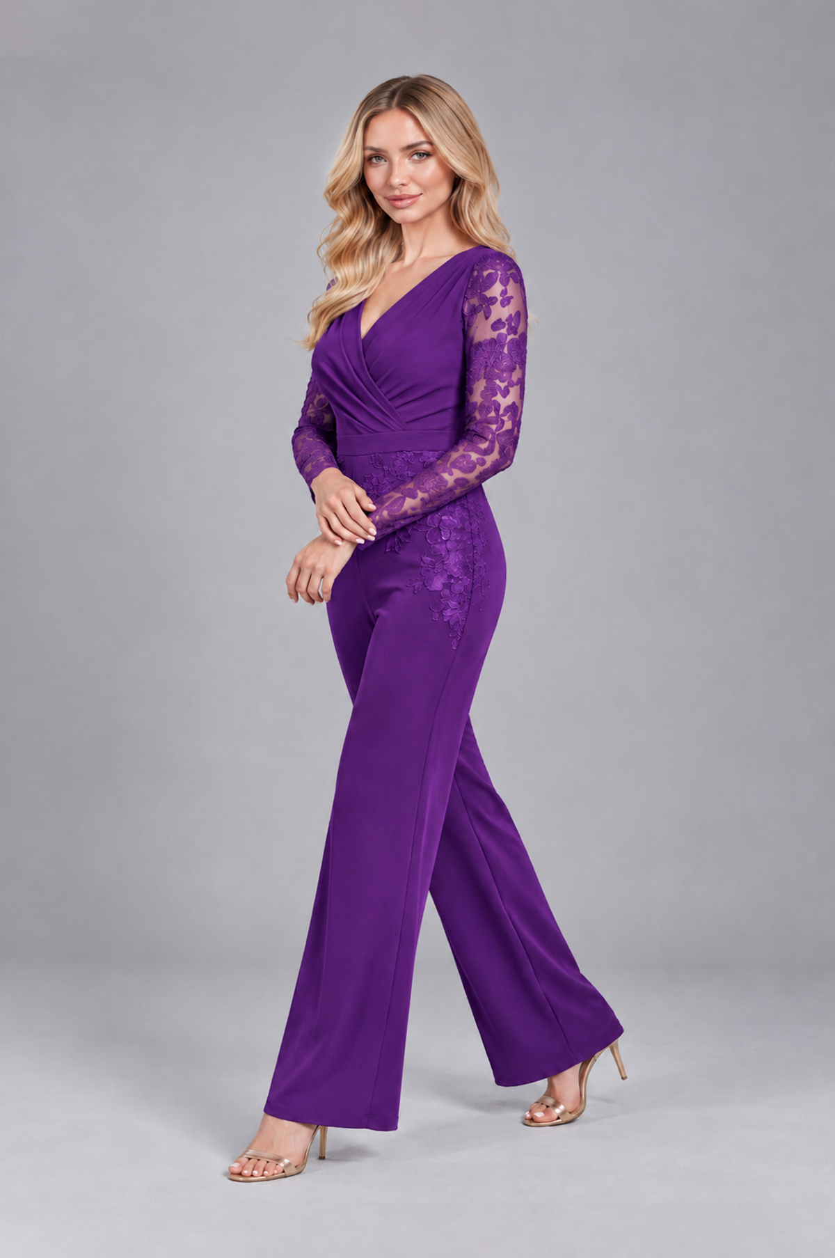BOLODOO Purple Lace Long-Sleeve V-Neck Mother Pant Suit - Purple - Purple_3