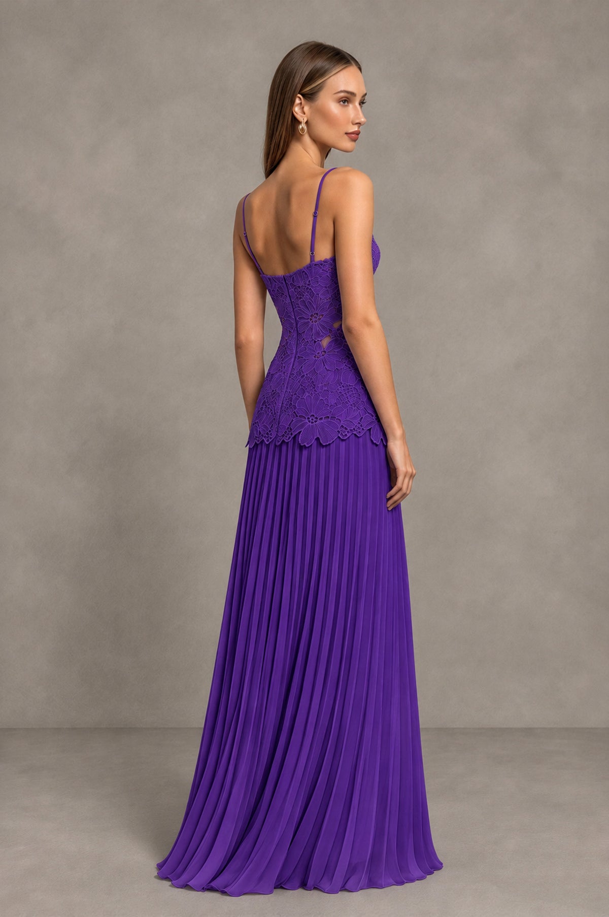 BOLODOO Purple Lace Bodice Pleated Wedding Guest Dress - Purple - Purple_4