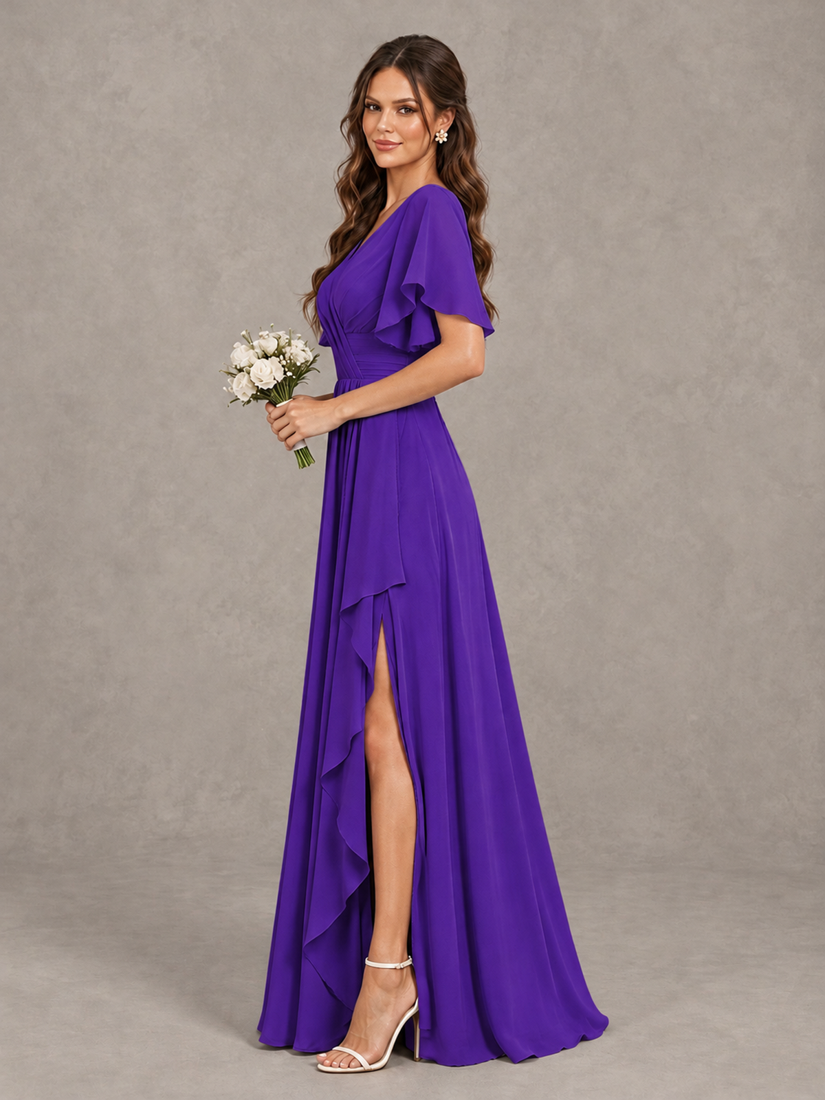 BOLODOO Purple Flutter Sleeve V-Neck Bridesmaid Dress with Ruffle Slit - Purple - Purple_4