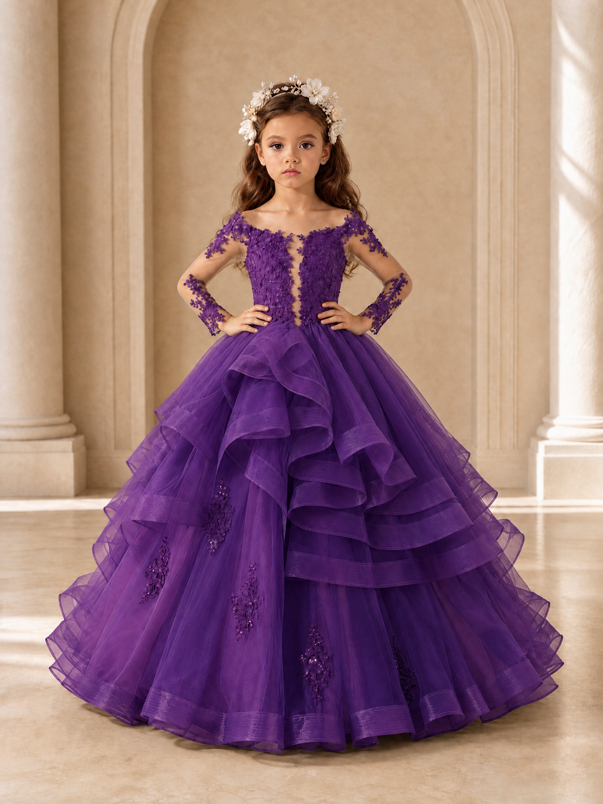 BOLODOO Purple Lace Long Sleeve Tiered Flower Girl Dress - Purple - Purple_4