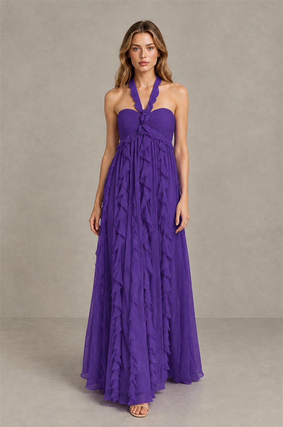 BOLODOO Purple Halter Ruffle A-Line Floor-Length Evening Dress - Purple - Purple_4