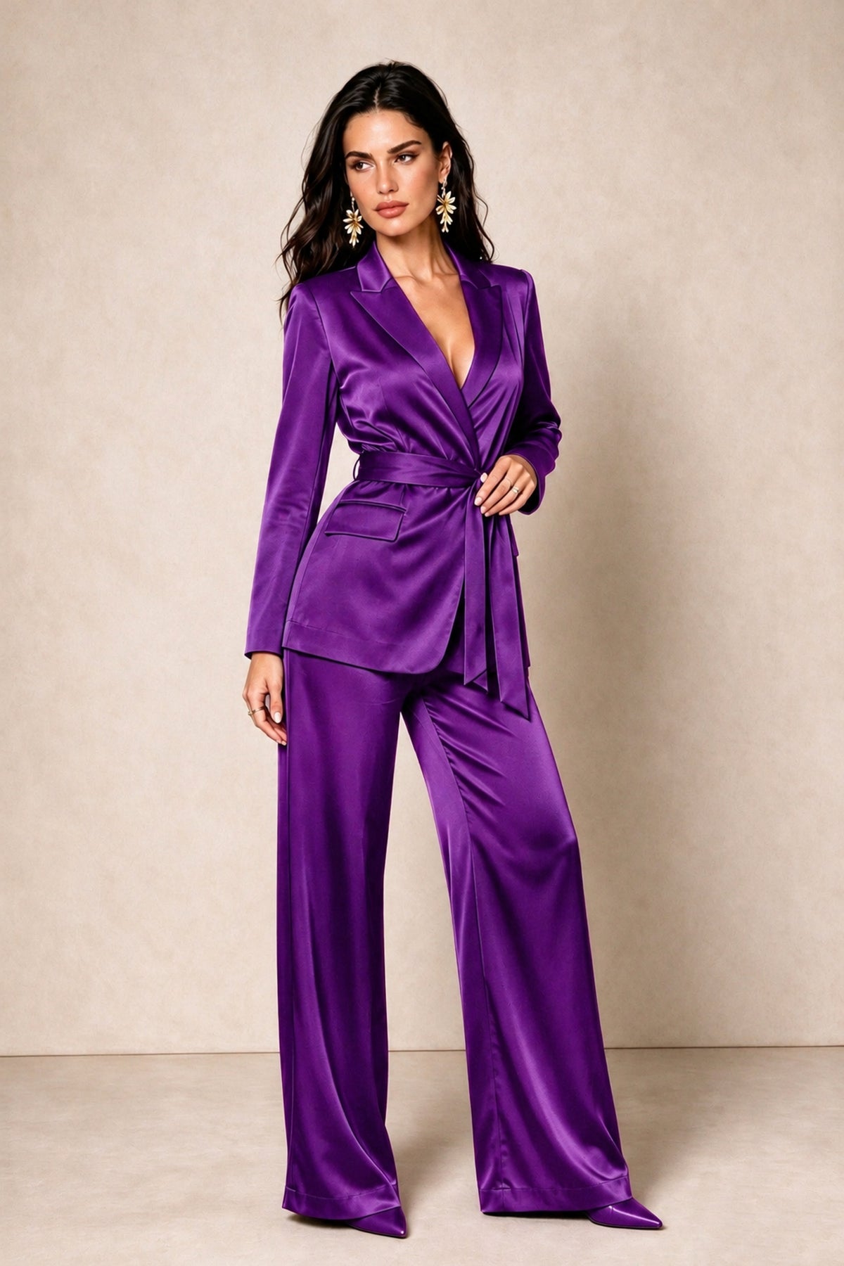 BOLODOO Purple Satin Wrap Blazer Wide-Leg Pants Two-Piece Suit Set – Evening Gala Wedding Guest - Purple - Purple_4