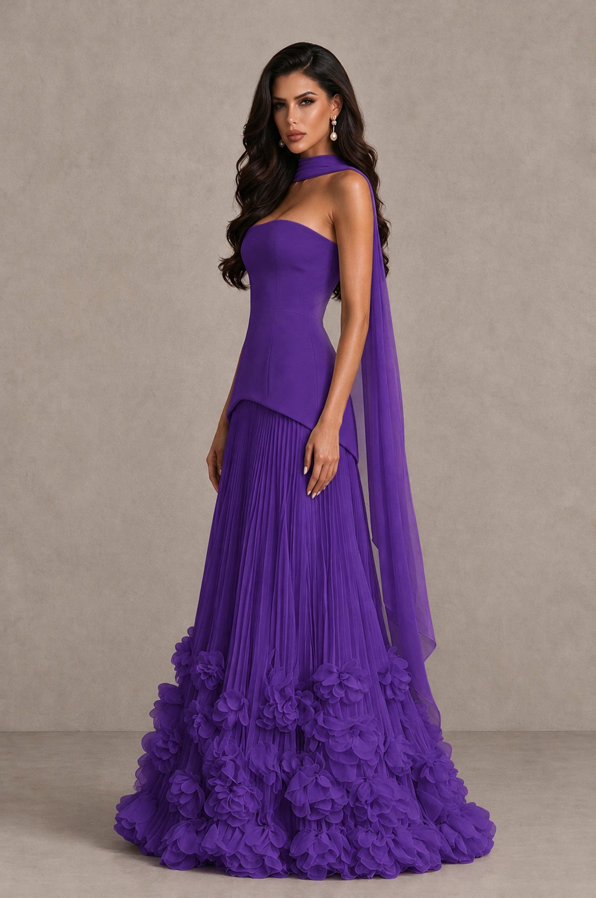 BOLODOO Purple Strapless Pleated Floral Hem Evening Gown - Purple - Purple_4