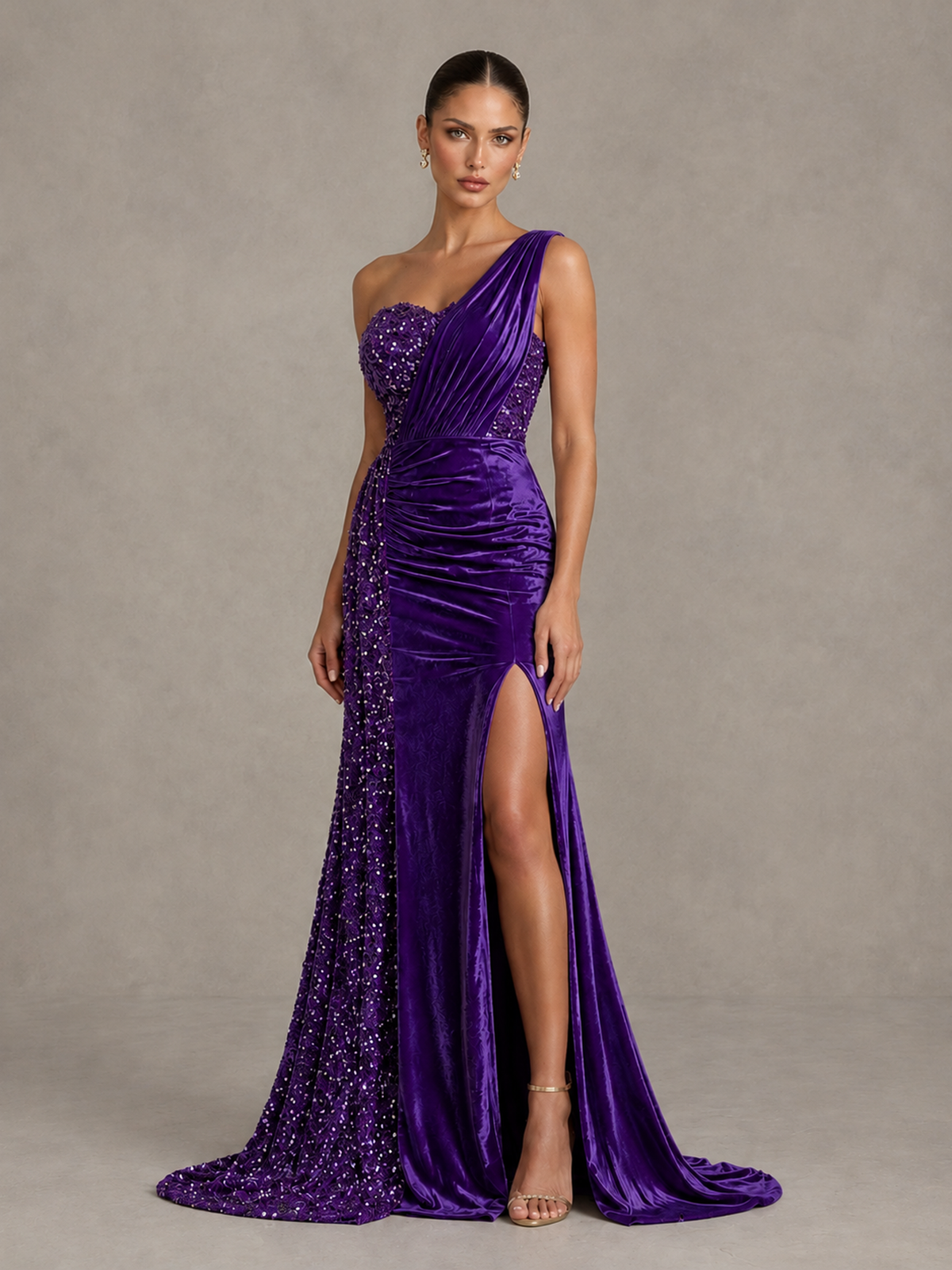 BOLODOO Purple One-Shoulder Satin Sequin Gown with High Slit - Purple - Purple_4