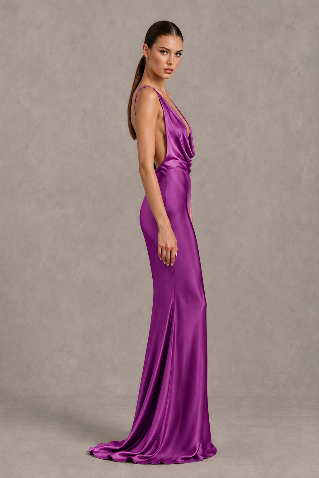 BOLODOO Purple Cowl Neck Backless Satin Mermaid Evening Dress - Purple - Purple_4