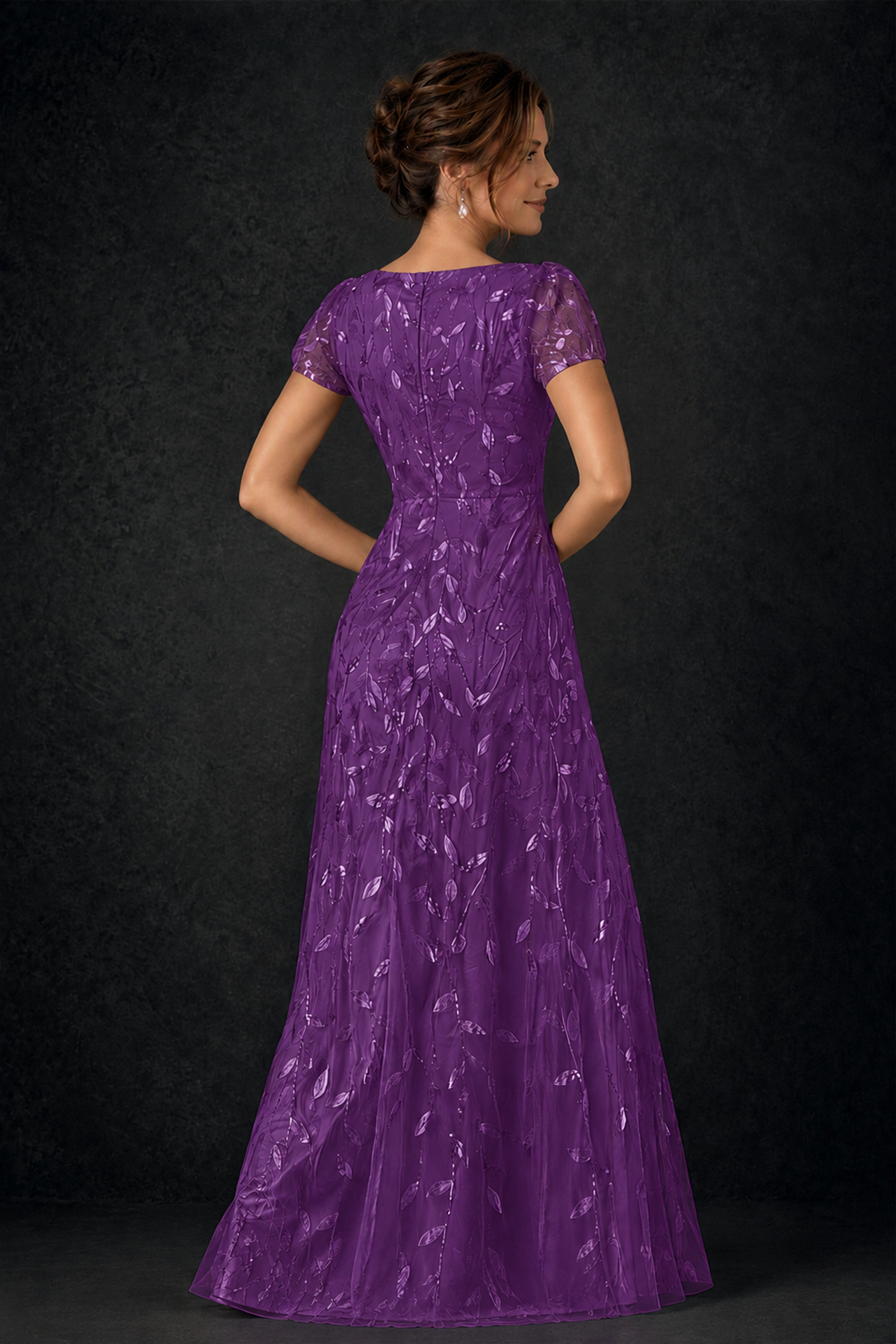 BOLODOO Purple Leaf Embroidered A-Line Formal Gown with Cap Sleeves - Purple - Purple_4