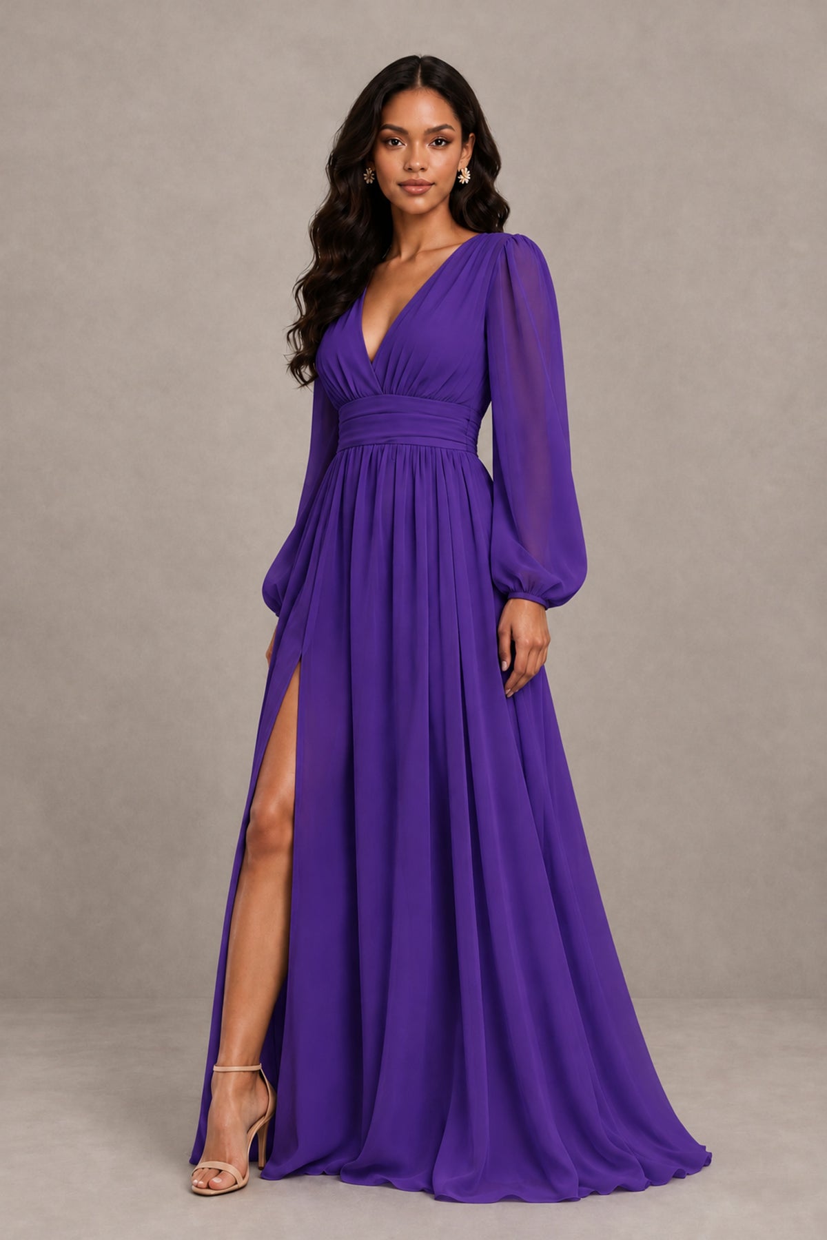 BOLODOO Purple Long Sleeve V-Neck A-Line Gown with Open Back & Slit - Purple - Purple_4