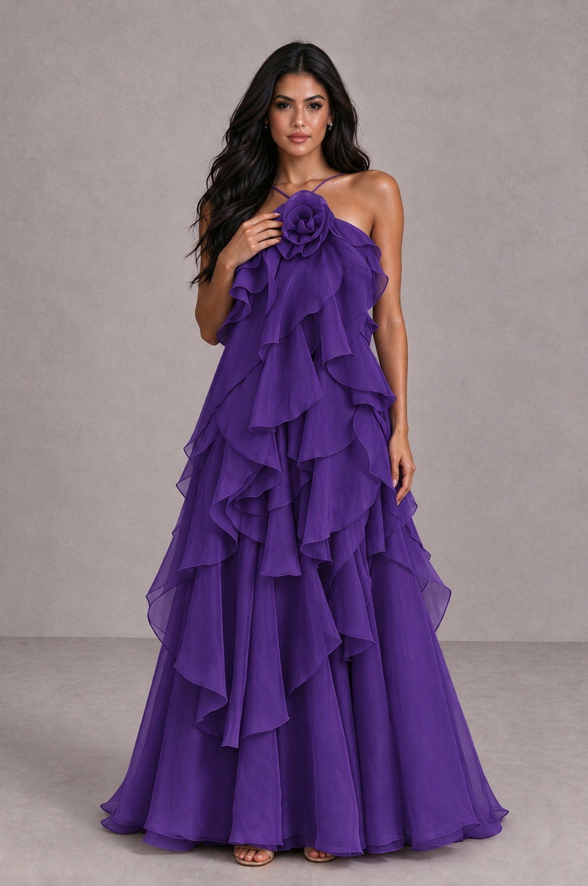 BOLODOO Purple Cascading Ruffle Rosette Open-Back Maxi Dress - Purple - Purple_4