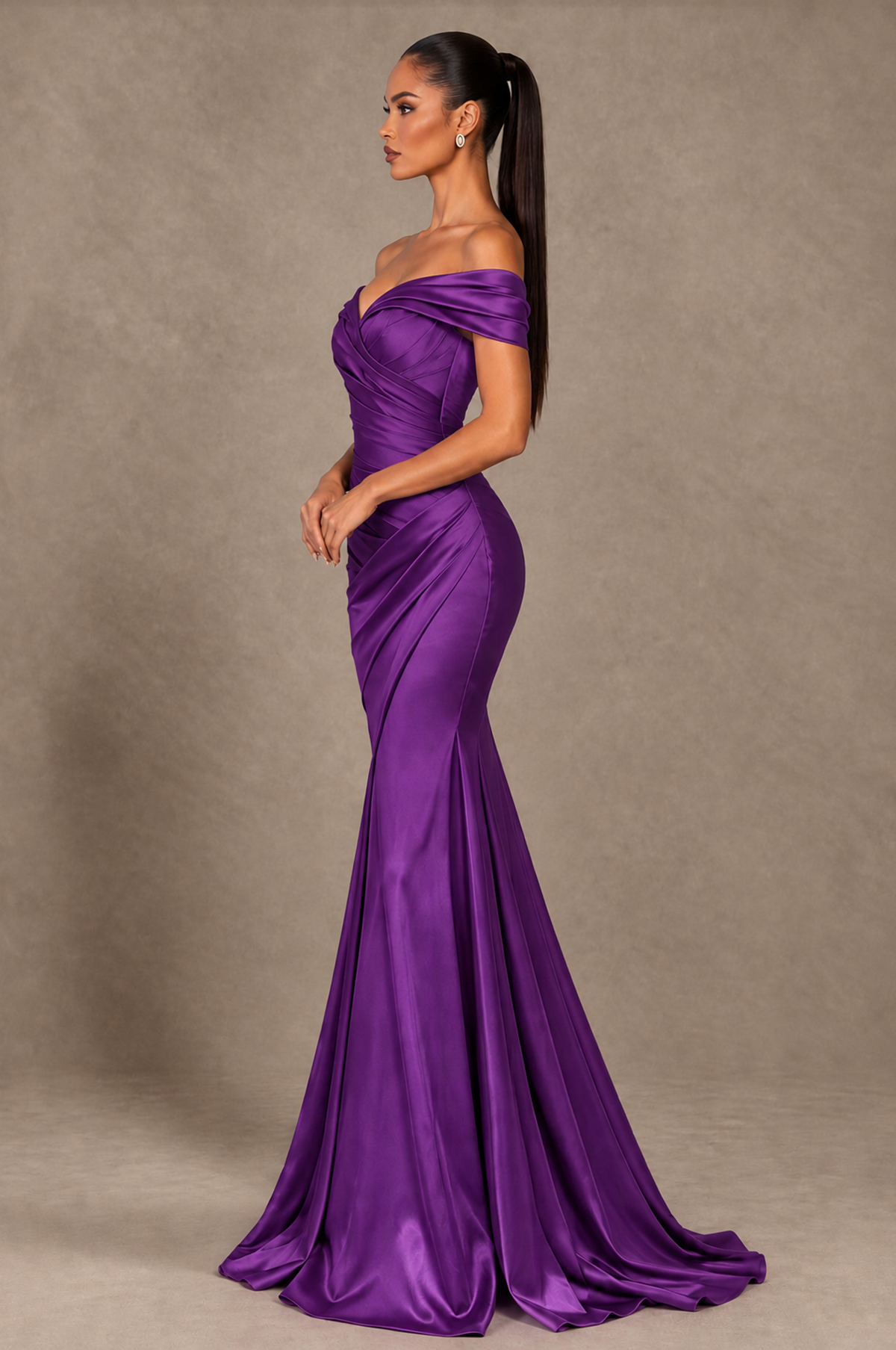 BOLODOO Purple Off-the-Shoulder Ruched Satin Mermaid Evening Dress - Purple - Purple_4