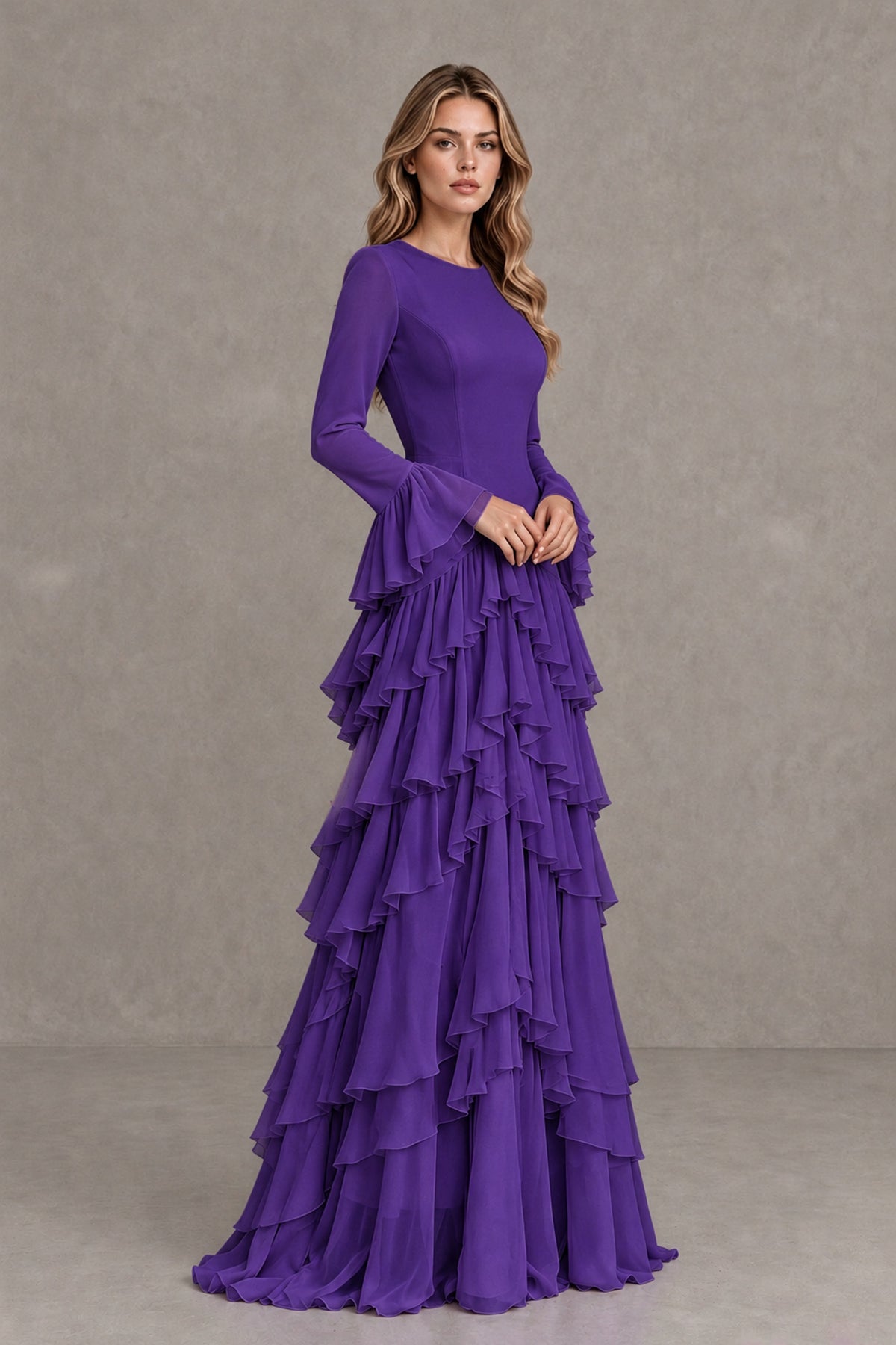 Purple Long Sleeve Tiered Ruffle Evening Gown - Purple - Purple_4