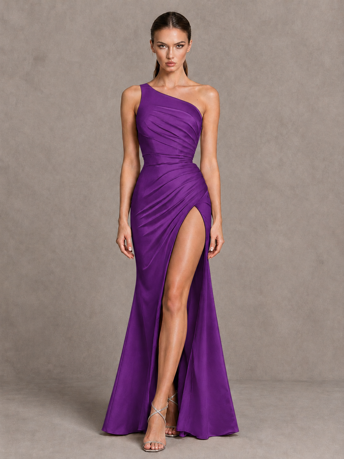 BOLODOO Purple One-Shoulder Ruched Satin-Look Evening Gown with High Slit - Purple - Purple_4