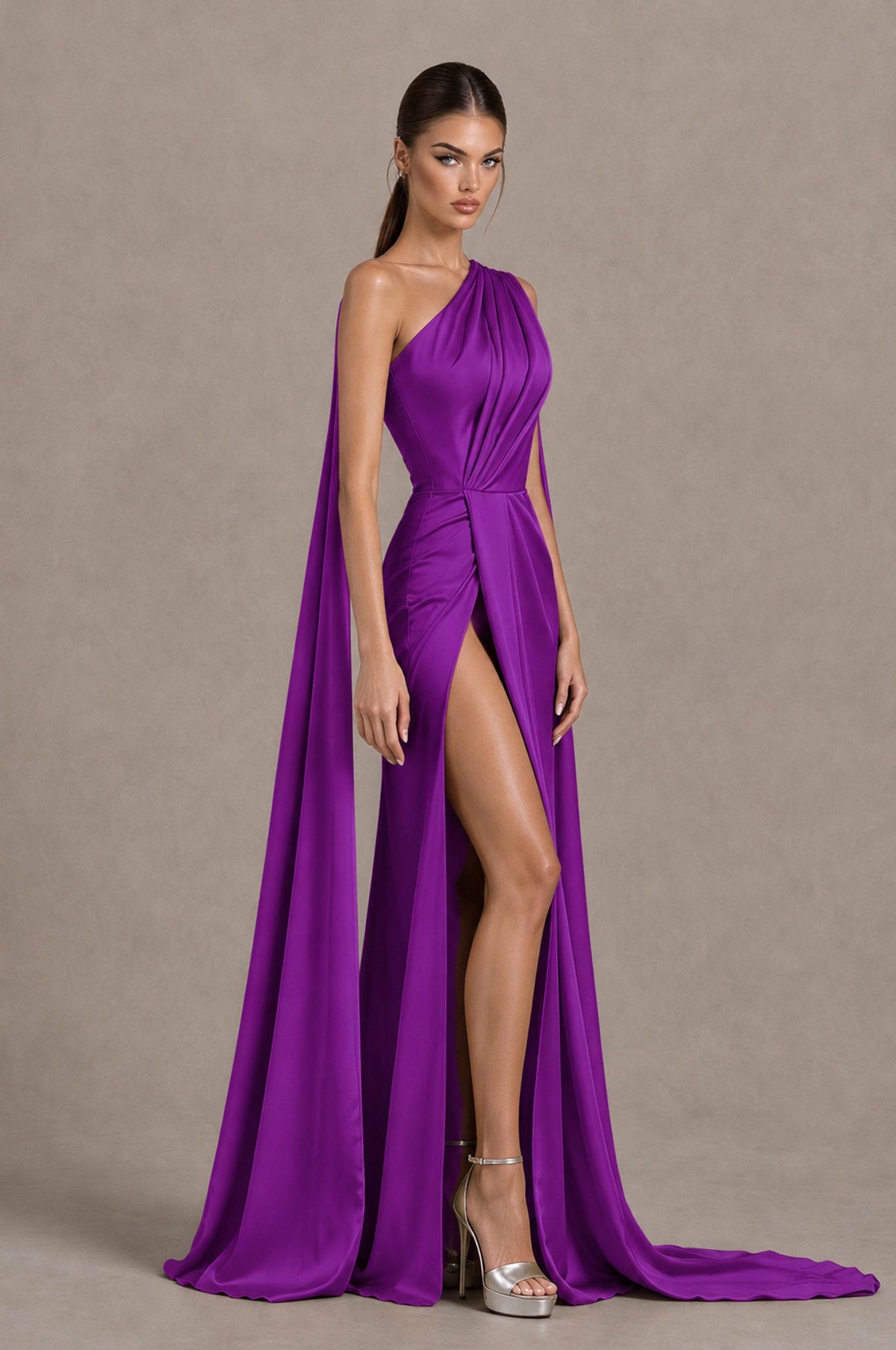 BOLODOO Purple One Shoulder Satin Evening Dress with High Slit and Draped Cape Train - Purple - Purple_4
