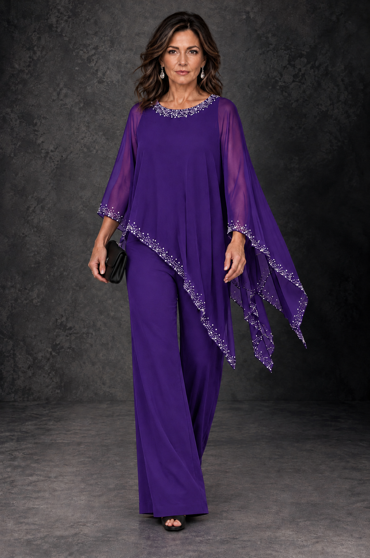 BOLODOO Purple Embellished Cape Mother of the Bride Pantsuit - Purple - Purple_4