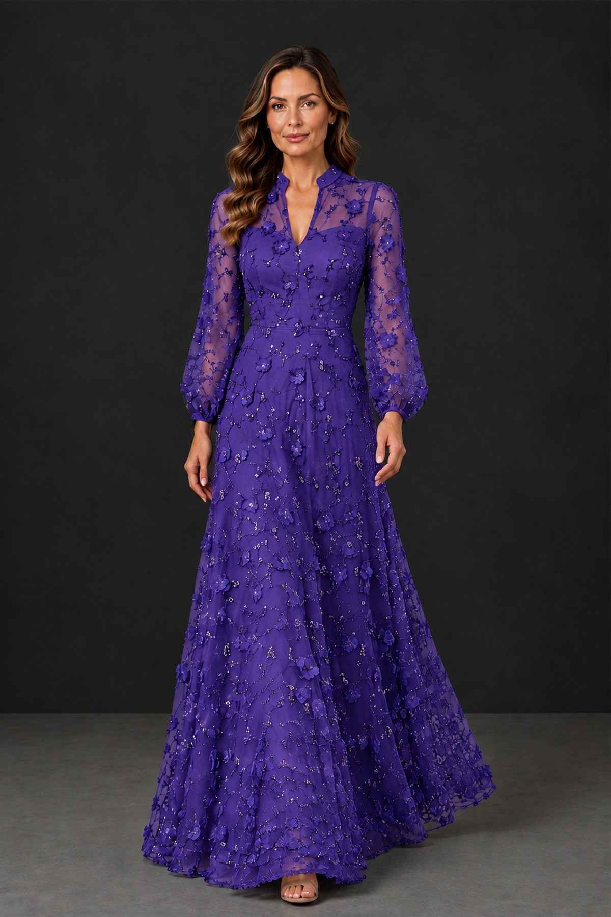 BOLODOO Purple Long Sleeve Floral Mother of the Bride Dress - Purple - Purple_4