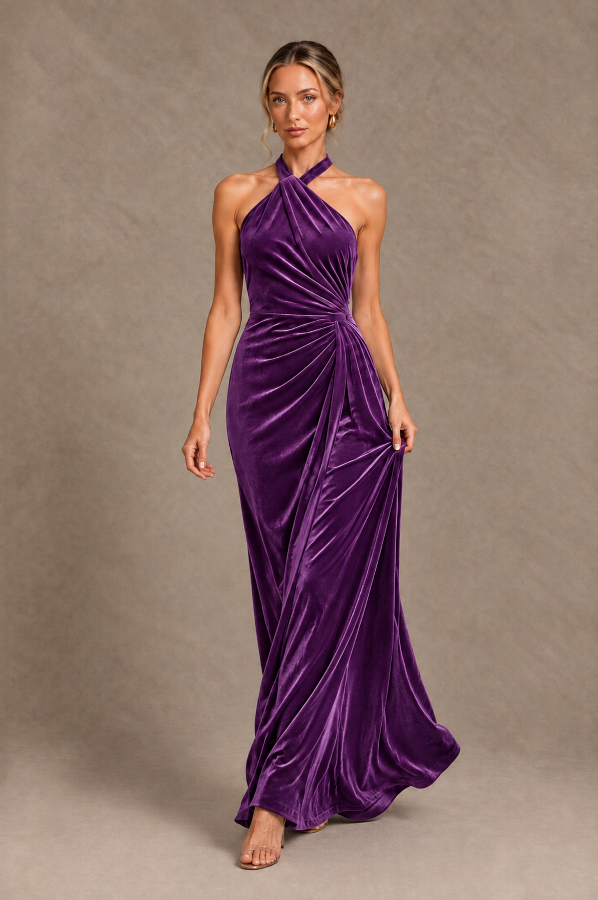 BOLODOO Purple Velvet Halter Open-Back Ruched Evening Dress - Purple - Purple_4