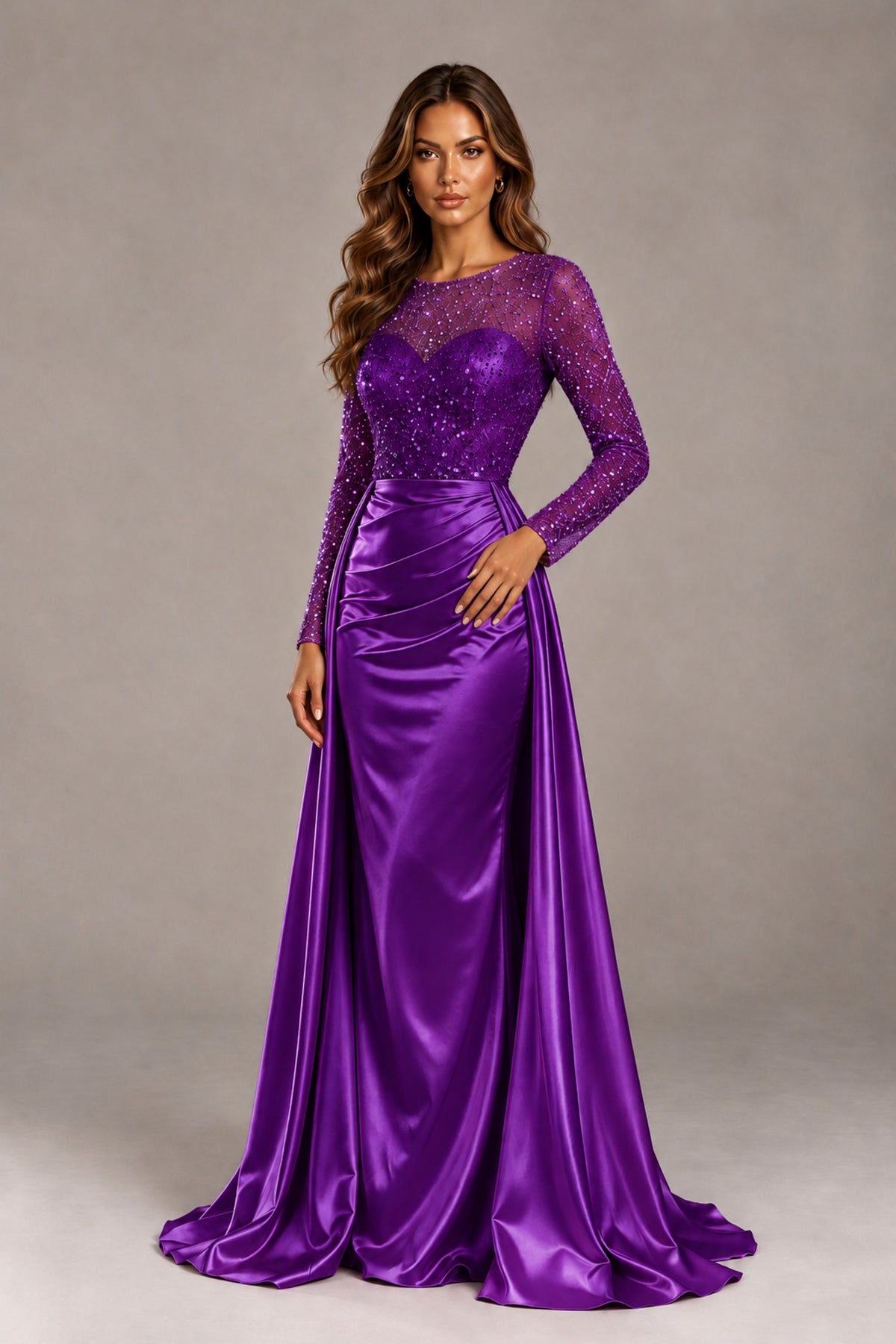 BOLODOO Purple Long Sleeve Embellished Satin Evening Gown with Sweep Train - Purple - Purple_4