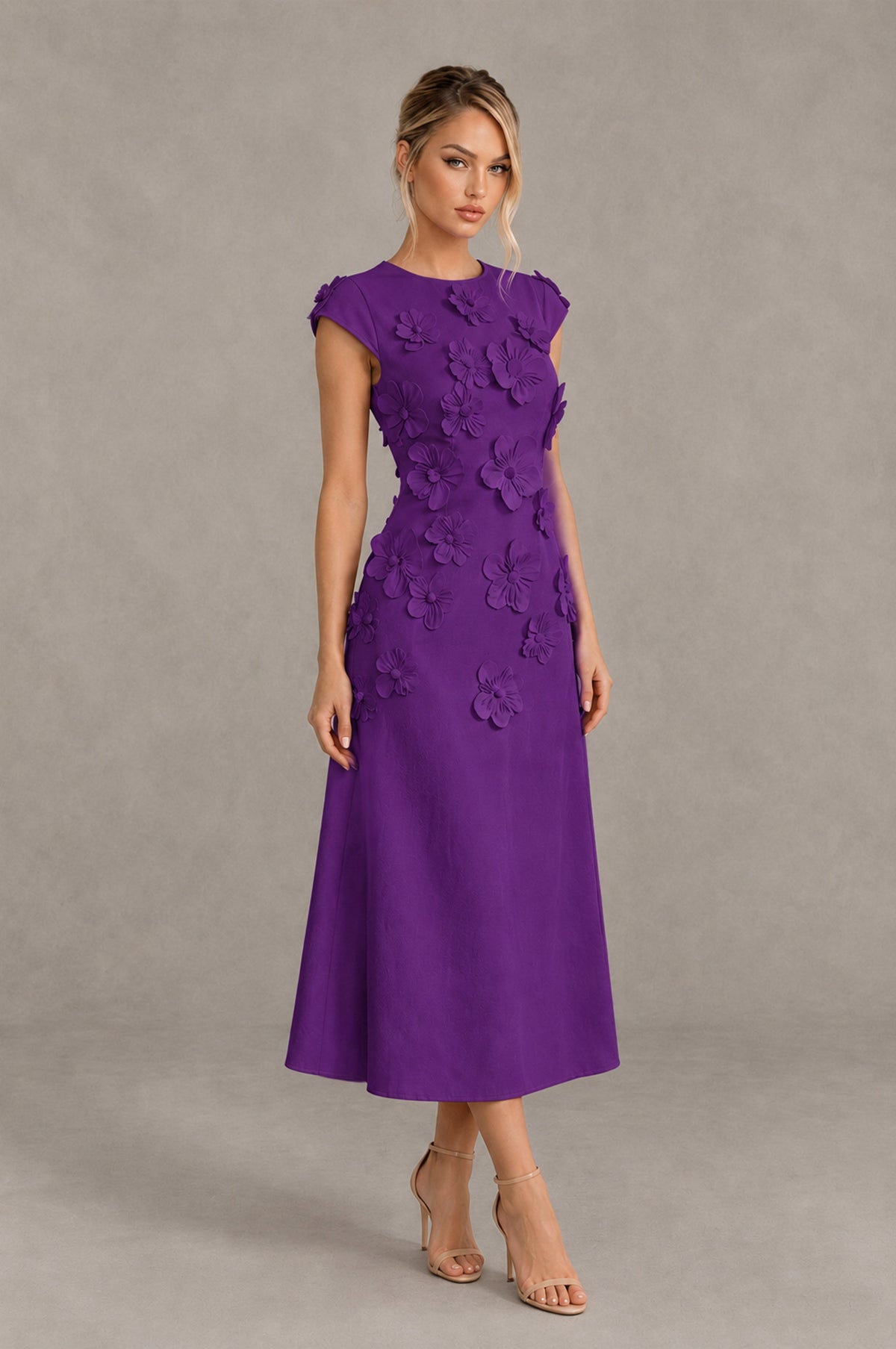 BOLODOO Purple 3D Floral Cap Sleeve Midi Cocktail Dress - Purple - Purple_4