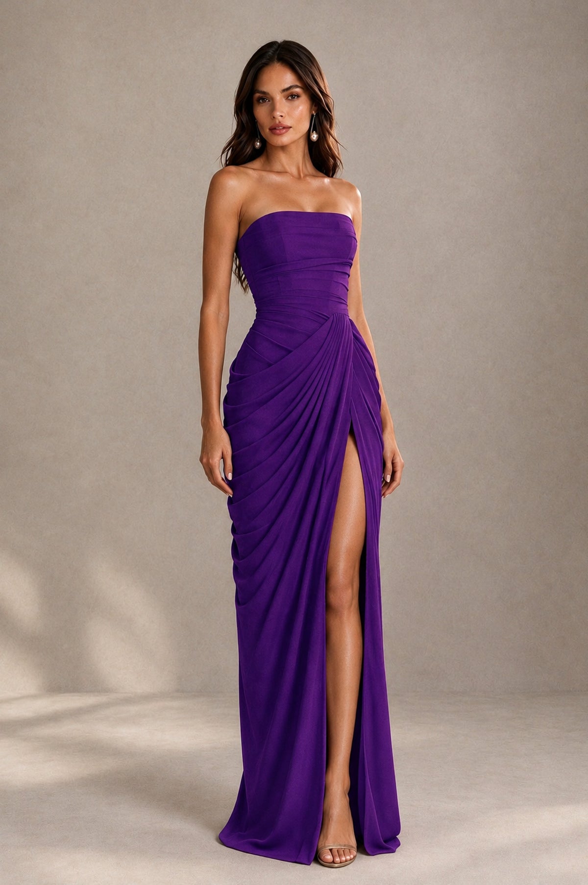 BOLODOO Strapless Draped Maxi Dress - Purple Backless Evening Gown with High Slit - Purple - Purple_4