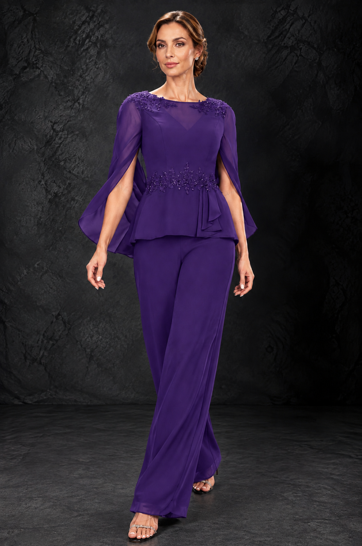 BOLODOO Purple Embellished Cape Sleeve Mother of the Bride Pantsuit - Purple - Purple_4