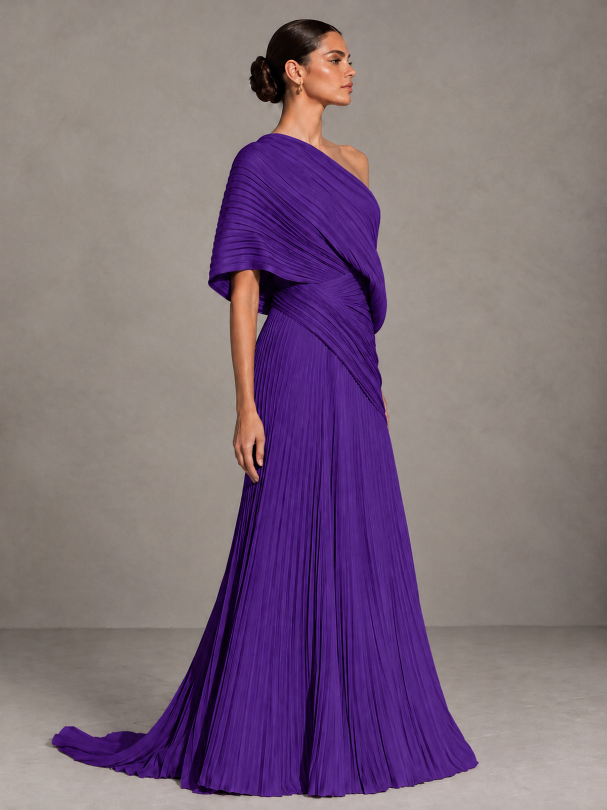 BOLODOO Purple One-Shoulder Pleated Cape Evening Gown with Train - Purple - Purple(4)