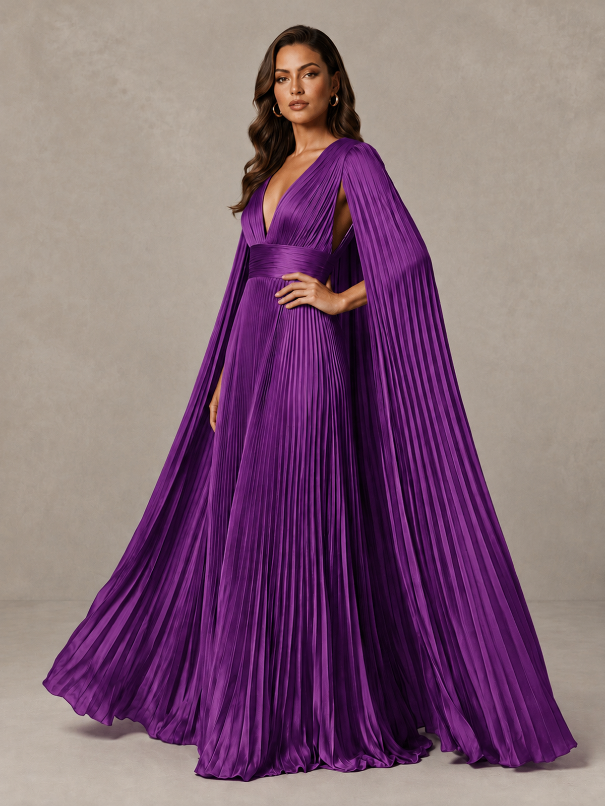 BOLODOO Purple Deep V-Neck Pleated Cape Sleeve Evening Gown - Purple - Purple_4