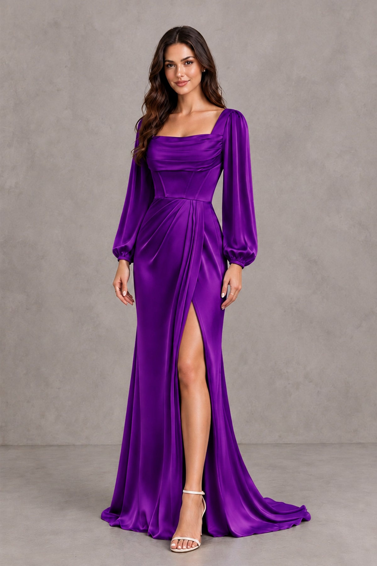 BOLODOO Purple Satin-Look Long Sleeve Evening Dress with High Slit - Purple - Purple_4