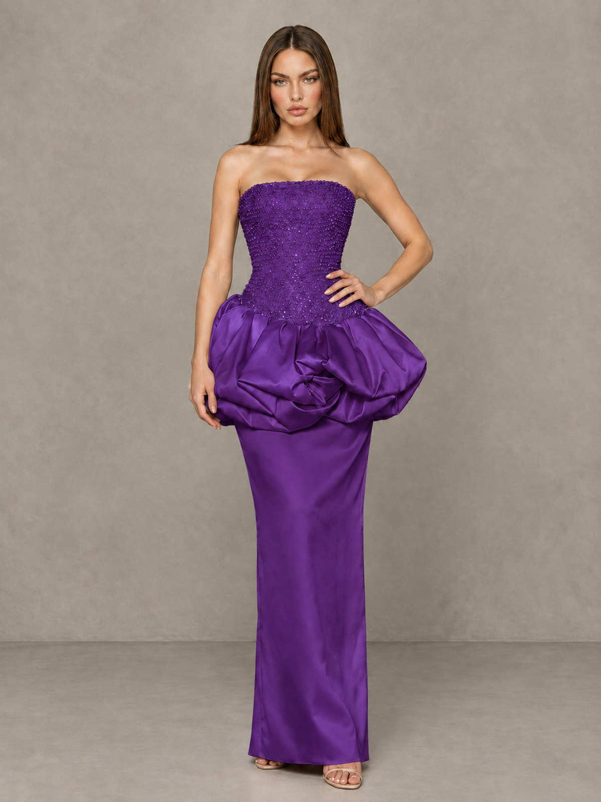 BOLODOO Purple Strapless Embellished Bubble Peplum Evening Dress - Purple - Purple_4
