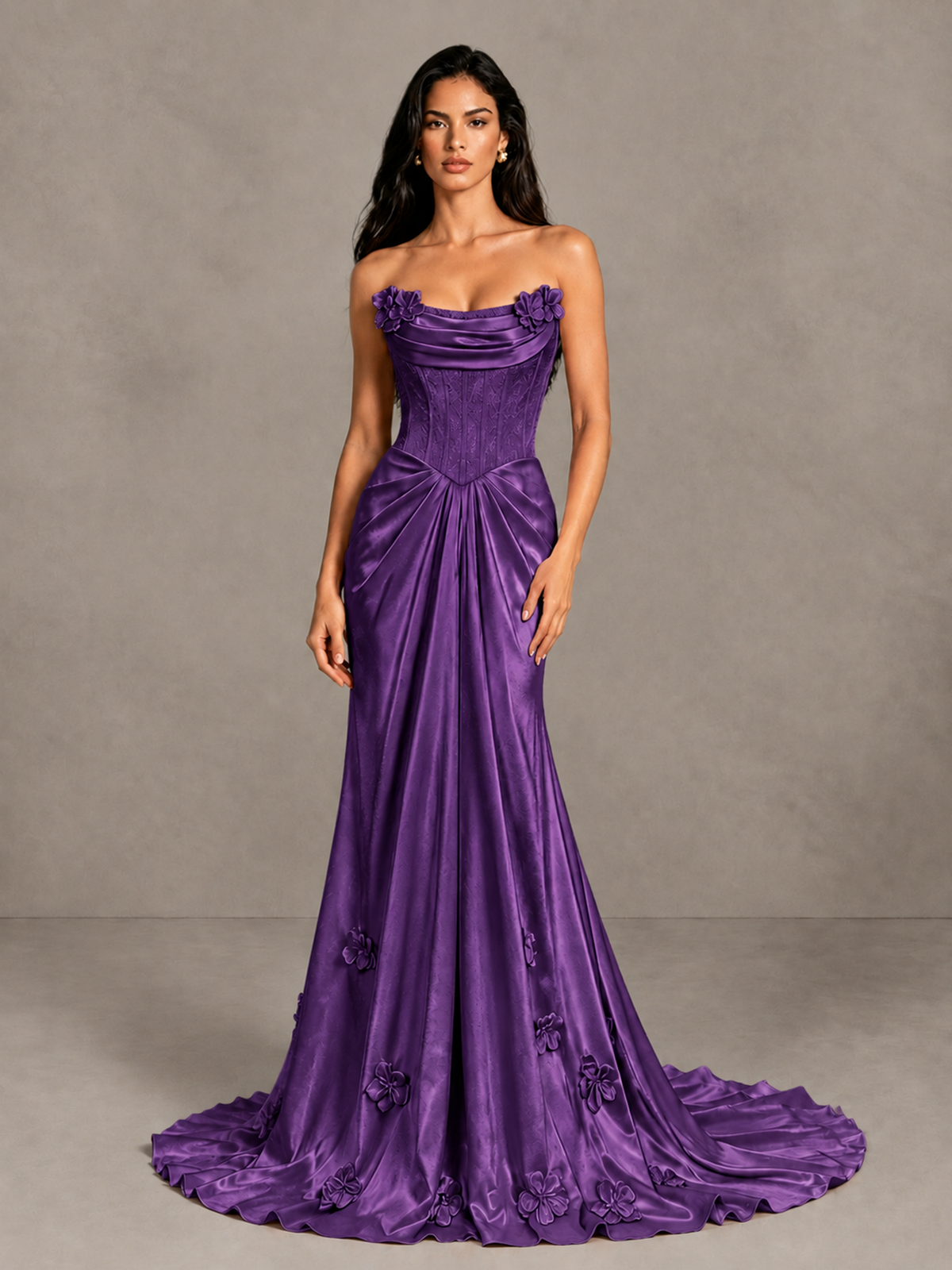 BOLODOO Purple Strapless Floral Corset Evening Gown with Train - Purple - Purple_4