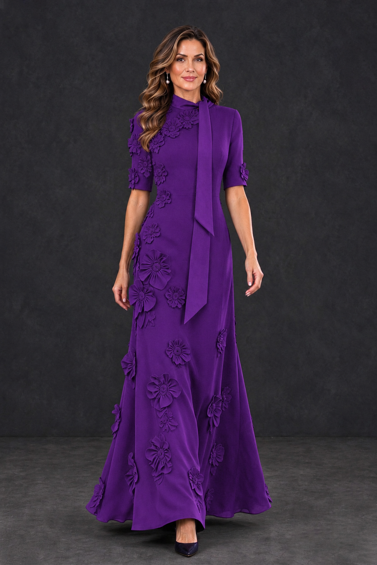 BOLODOO Purple Floral Applique High-Neck Half-Sleeve Gown - Purple - Purple_4